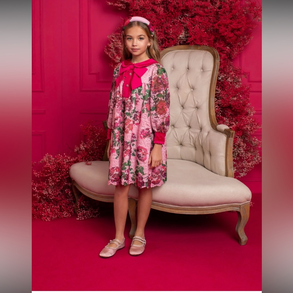 PATACHOU Girls Pink Floral Lace & Velvet Dress 6 Yrs Rhinestone Buttons